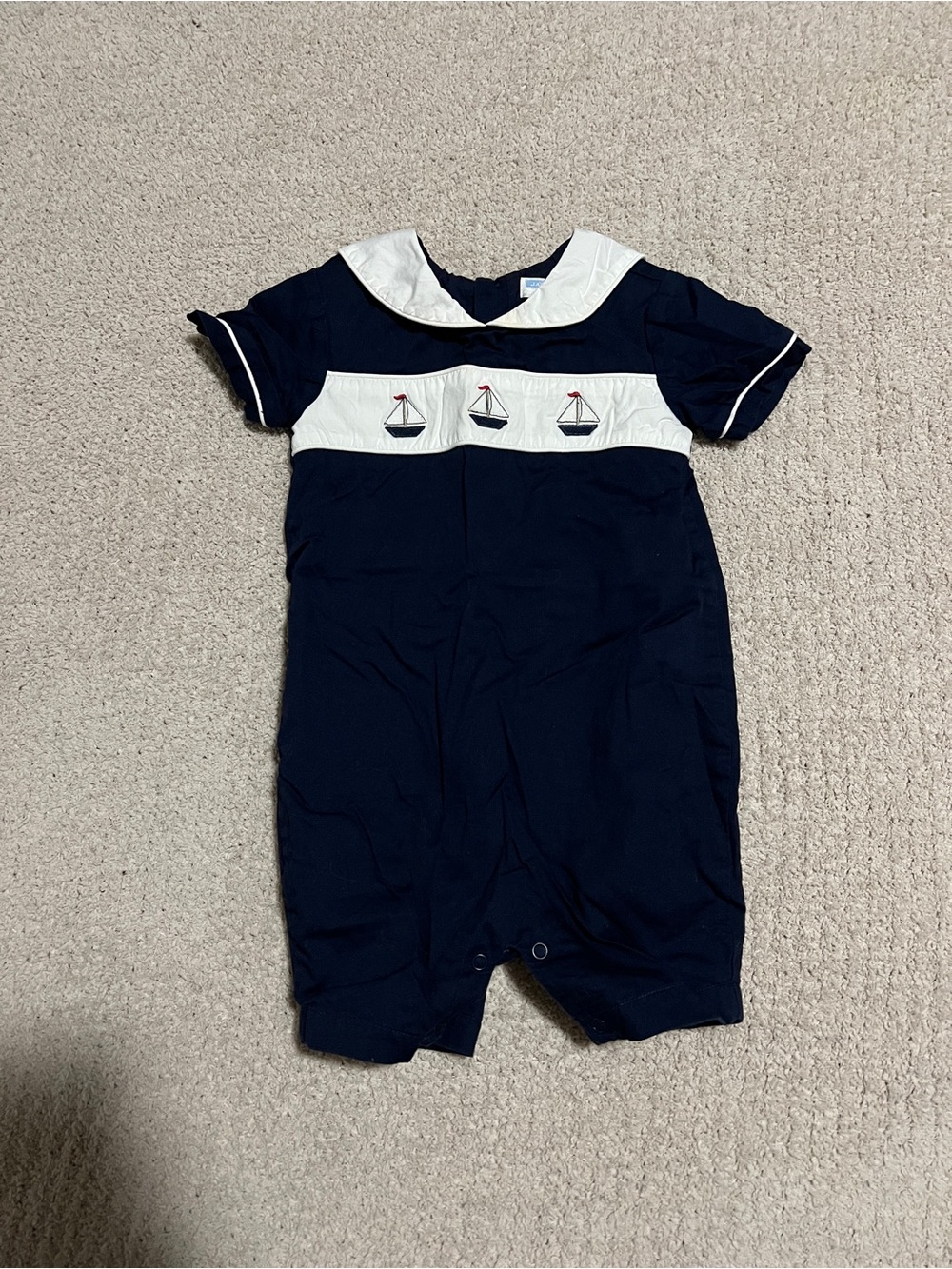 Smocked Navy and White Sailboat Romper by Janie and Jack